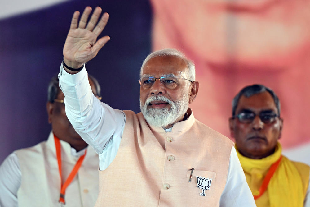 Narendra Modi, India's prime minister, greets supporters during an election rally of his Bharatiya Janata Party in Meerut, Uttar Pradesh, India, on March 31. Modi is seeking a third term in office. Votes will be counted on June 4.