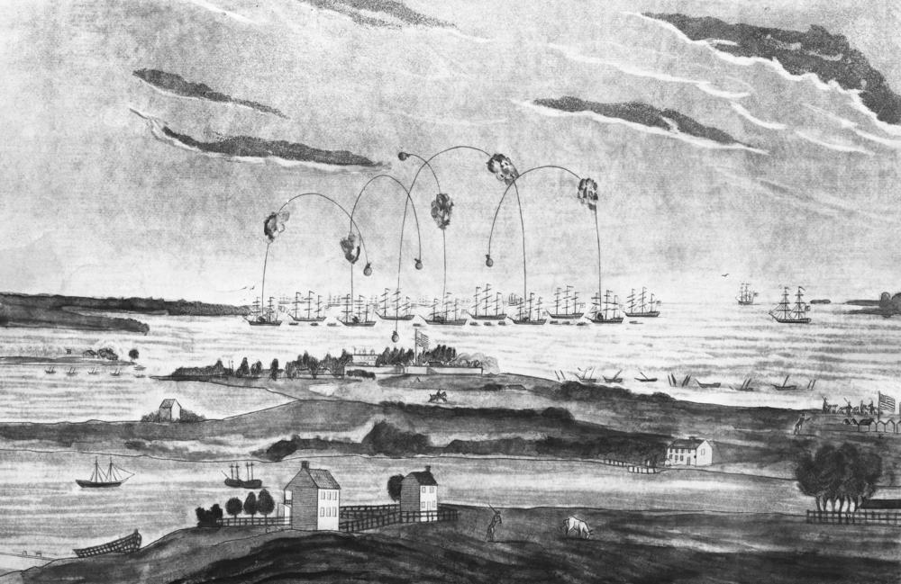 The bombardment of Fort McHenry by British forces on September 13, 1814. The defense of the fort inspired Francis Scott Key to write the poem that became the American national anthem, 