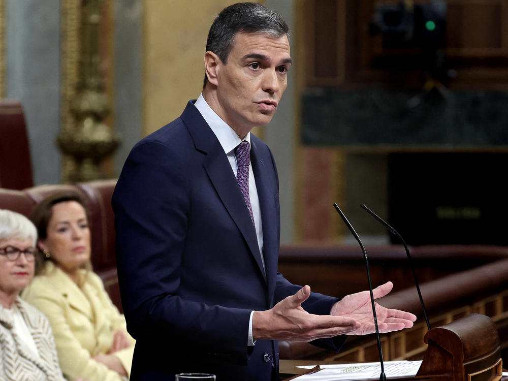 Spain's Prime Minister Pedro Sanchez delivers a speech Wednesday in Madrid to announce that Spain will recognize a Palestinian state.