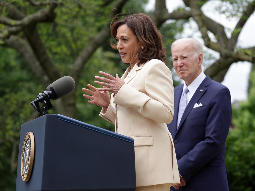 Vice President Harris speaks as President Biden looks on during a White House Rose Garden event to mark National Small Business Week on May 1, 2023.