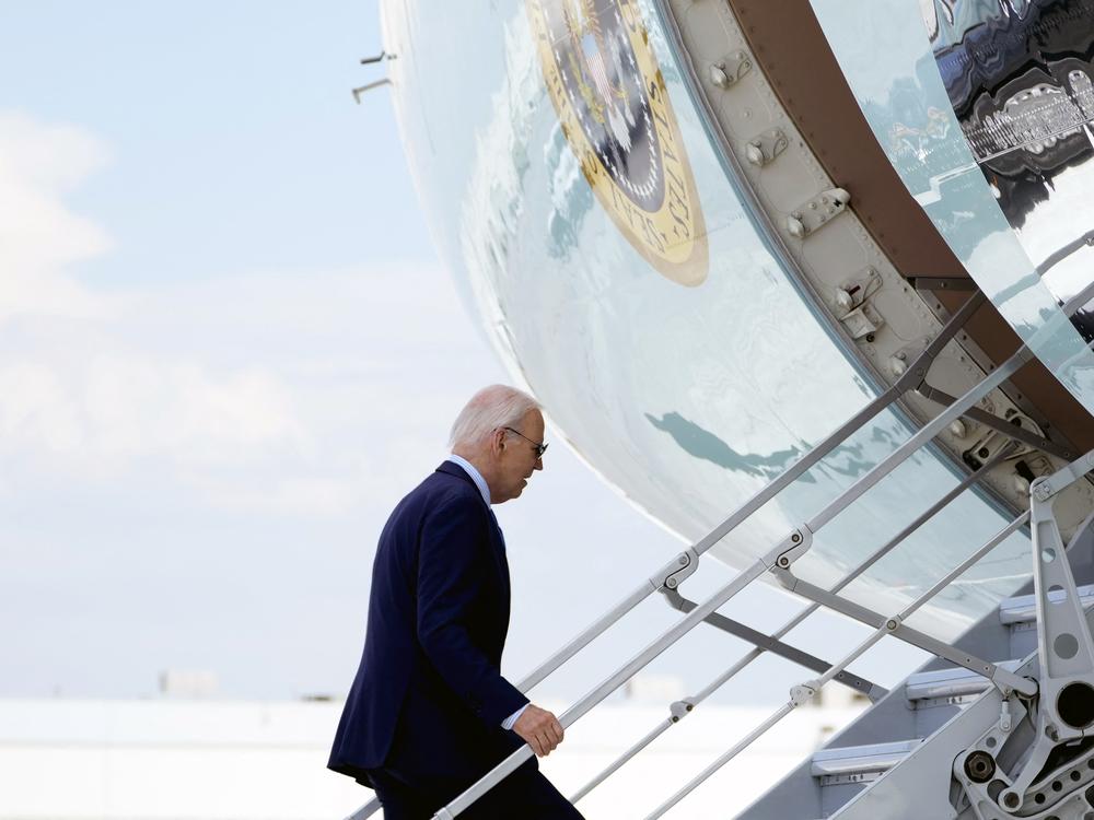 President Biden boards Air Force One as he departs Harry Reid International Airport in Las Vegas, Nevada, on July 17, 2024, en route to Delaware, after testing positive for COVID.