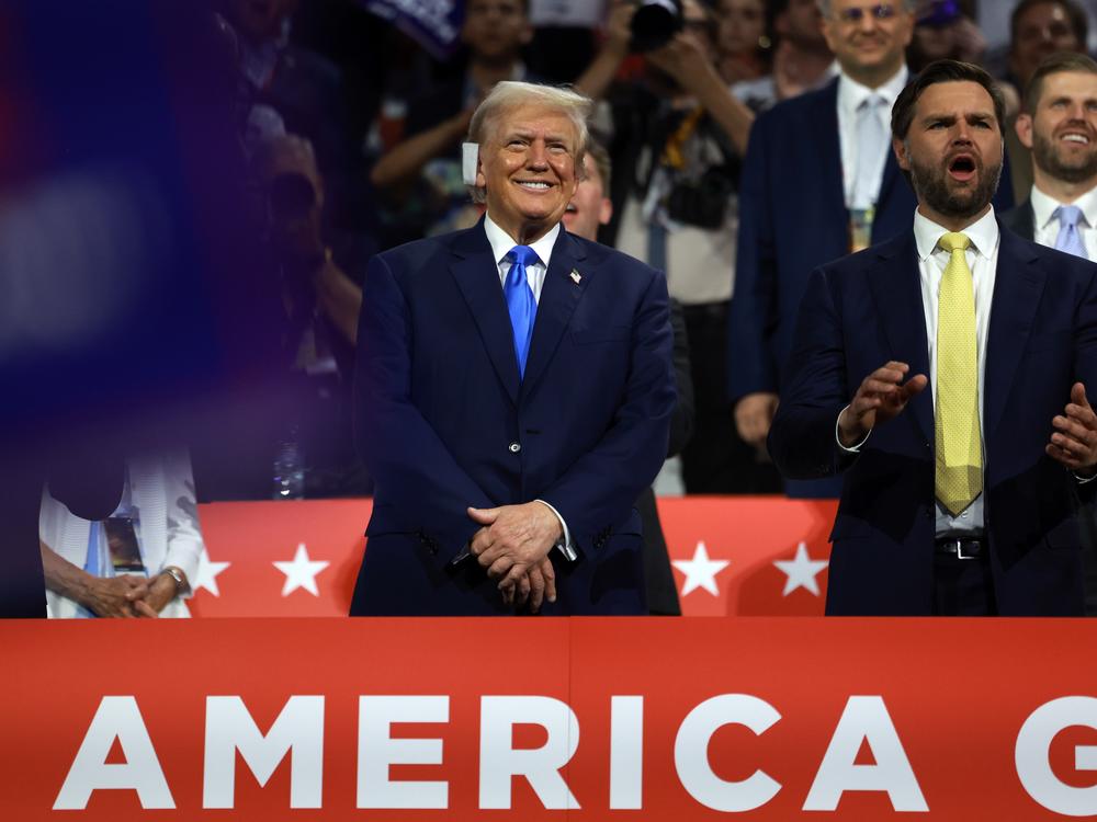 Republican presidential candidate Donald Trump and vice presidential candidate J.D. Vance at the Republican National Convention in Milwaukee on Tuesday.