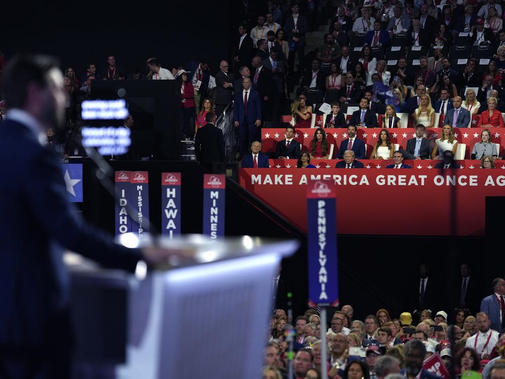 Republican vice presidential candidate Sen. JD Vance, R-Ohio, speaks at the 2024 Republican National Convention on Wednesday in Milwaukee as Republican presidential candidate former President Donald Trump watches. There are more than a dozen so-called 