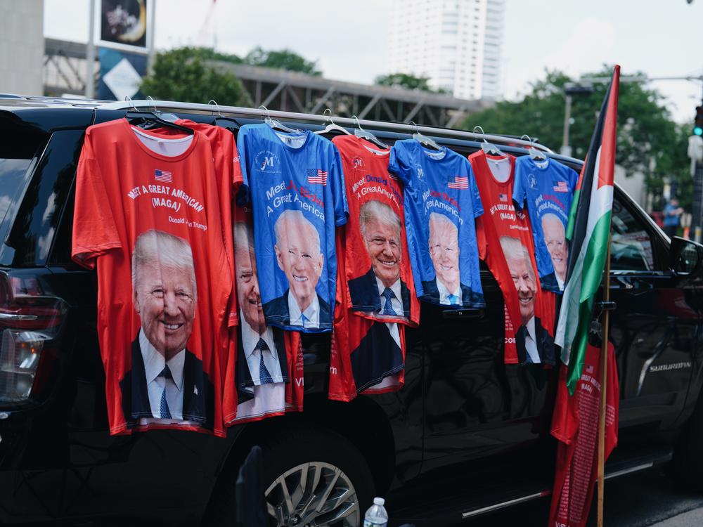 Merchandise being sold during the March on the RNC during the first day of the 2024 Republican National Convention in Milwaukee, Wisconsin, July 15, 2024. 