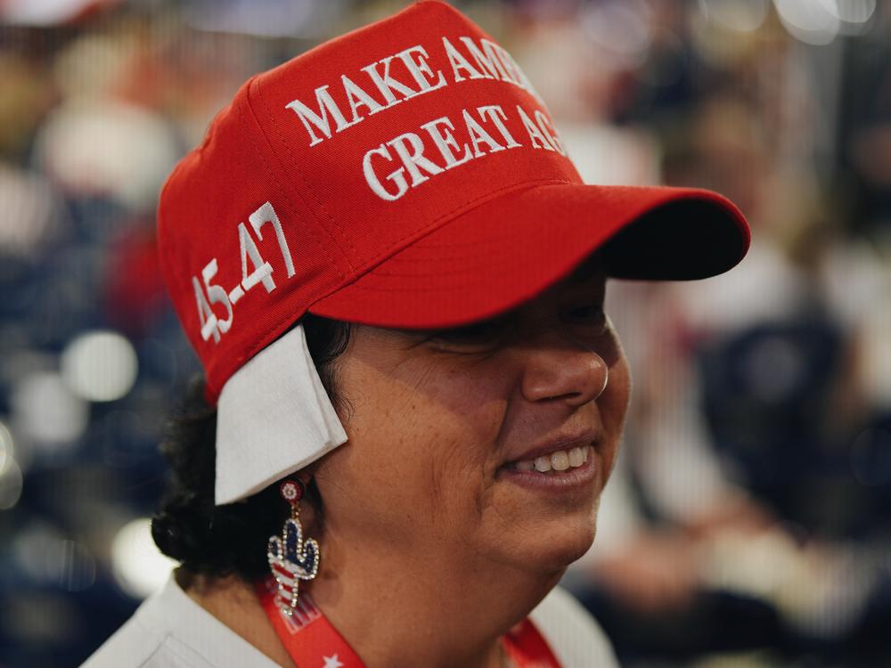 Stacy Goodman, delegate from Arizona, wears a gauze on her ear in solidarity with Donald Trump on the third day of the Republican National Convention. 