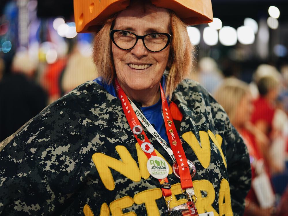 Barbara Finger, delegate from Wisconsin, poses for a portrait on the third day of the Republican National Convention.