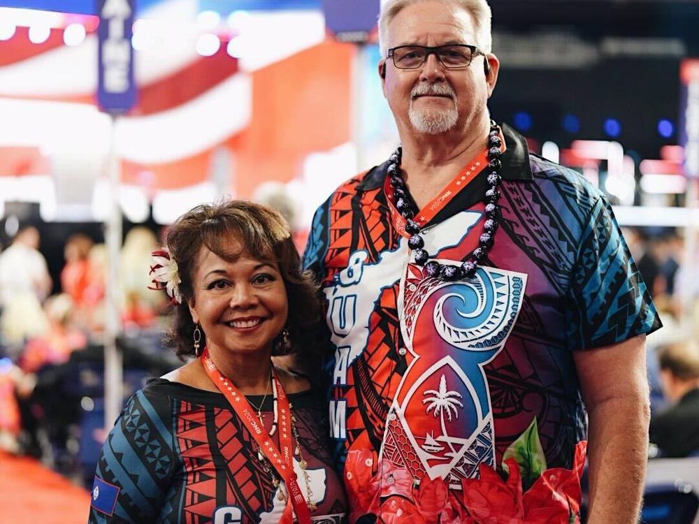 Sam Mabini Young, delegate from Guam, poses for a portrait next to her husband Mel Young on this final day of the Republican National Convention.
