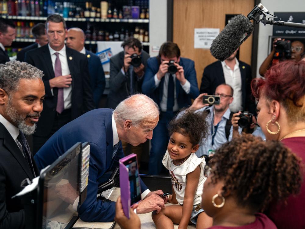 President Biden does some retail campaigning at Mario's Westside Market in Las Vegas, alongside Rep. Steven Horsford, D-Nev., on July 16. A case of COVID took Biden off the trail the following day.