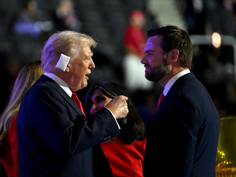 Former President Donald Trump, left, and Senator J.D. Vance, a Republican from Ohio and Republican vice-presidential nominee, during the final night of the Republican National Convention in Milwaukee.