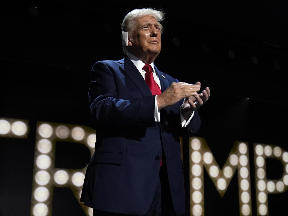 Republican presidential candidate Donald Trump is introduced during the final night of the Republican National Convention.