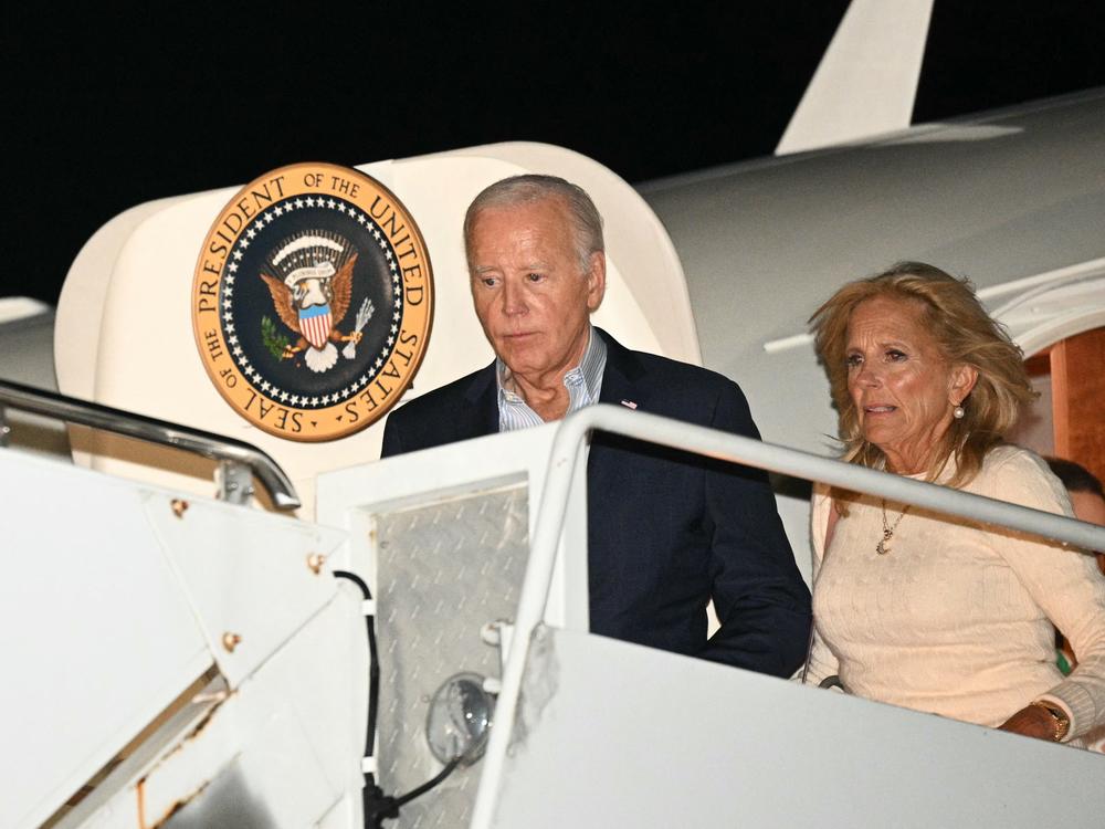 President Biden and first lady Jill Biden step off Air Force One at Hagerstown Regional Airport in Hagerstown, Md., as they headed to the Camp David presidential retreat after two days of damage control following the presidential debate.