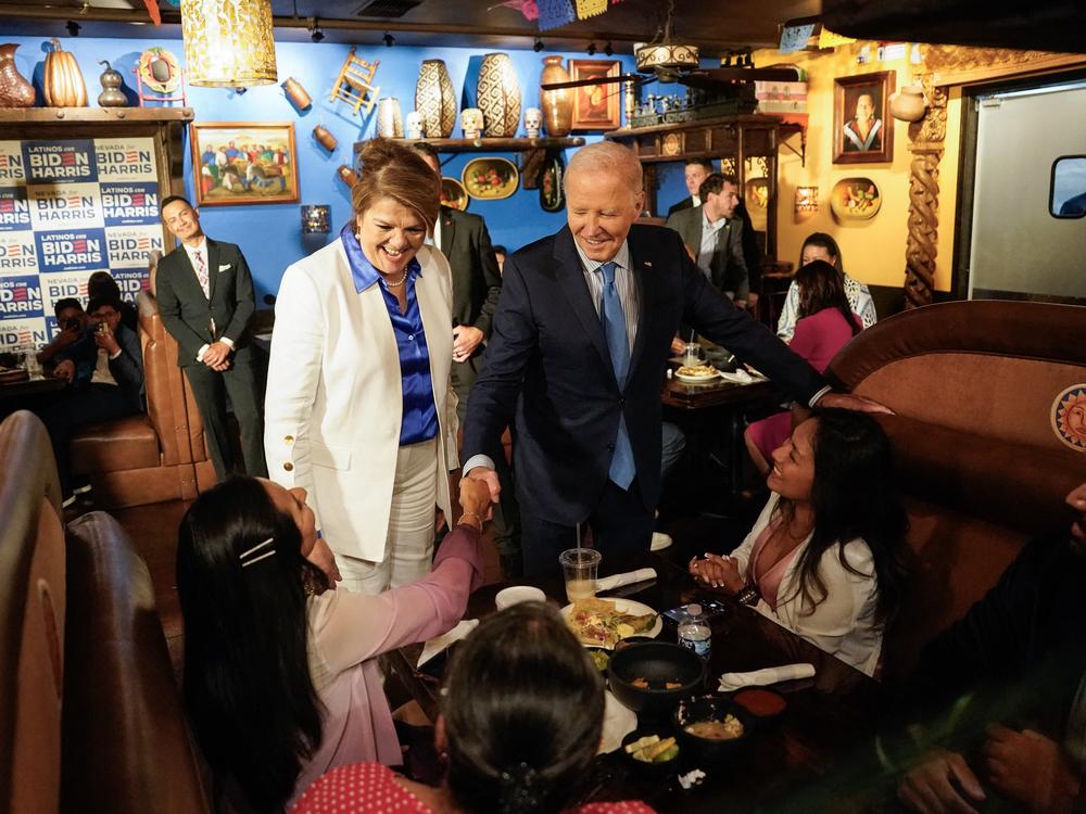 President Biden campaigns in Lindo Michoacan restaurant in Las Vegas on July 17, 2024. Shortly afterward, he tested positive for COVID. (Photo by Kent Nishimura / AFP) (Photo by KENT NISHIMURA/AFP via Getty Images)