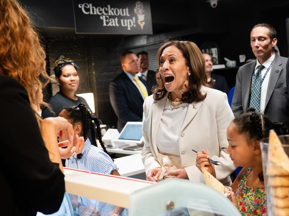Vice President Harris visits a new ice cream shop owned by supermodel Tyra Banks with her grand-nieces on July 19, 2024 in Washington, DC.