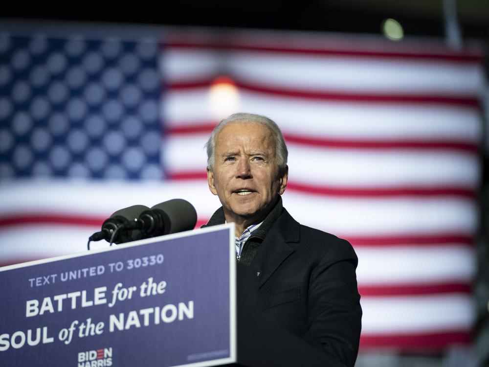 Then-Democratic presidential nominee Joe Biden speaks during a drive-in campaign rally at Heinz Field in Pittsburg on Nov. 2, 2020.