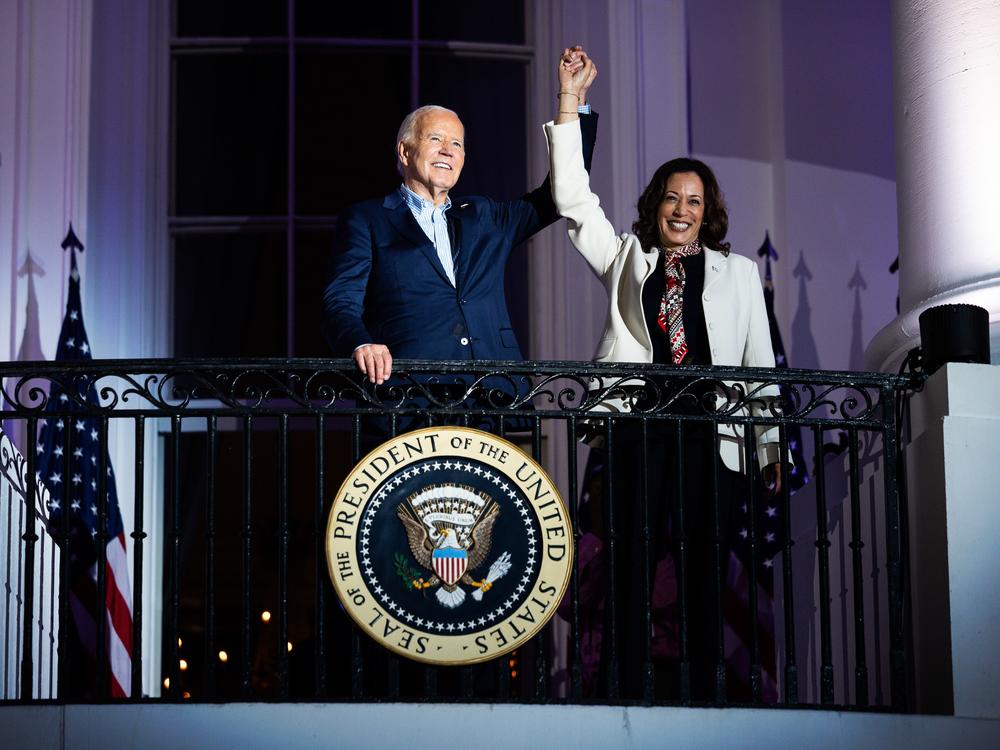 President Joe Biden and Vice President Kamala Harris on the Truman Balcony of the White House on Thursday, July 4, 2024. 