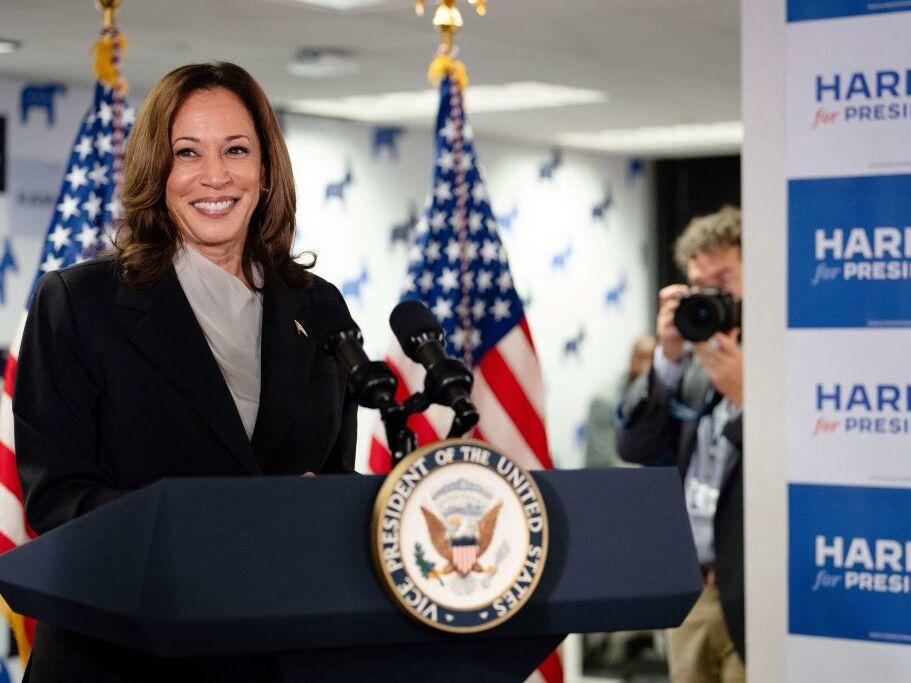 Vice President Kamala Harris speaks at her campaign headquarters in Wilmington, Del., on Monday.