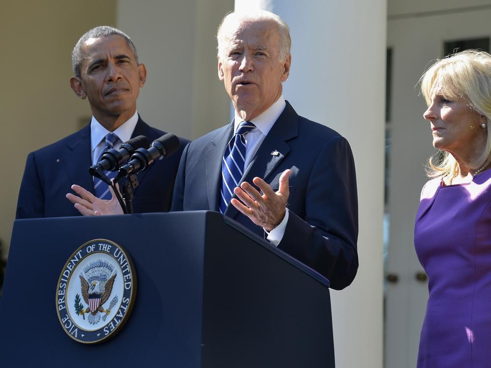 Vice President Biden announces he won't seek the Democratic presidential nomination in the Rose Garden of the White House with his wife Jill Biden and President Barack Obama on Oct. 21, 2015.