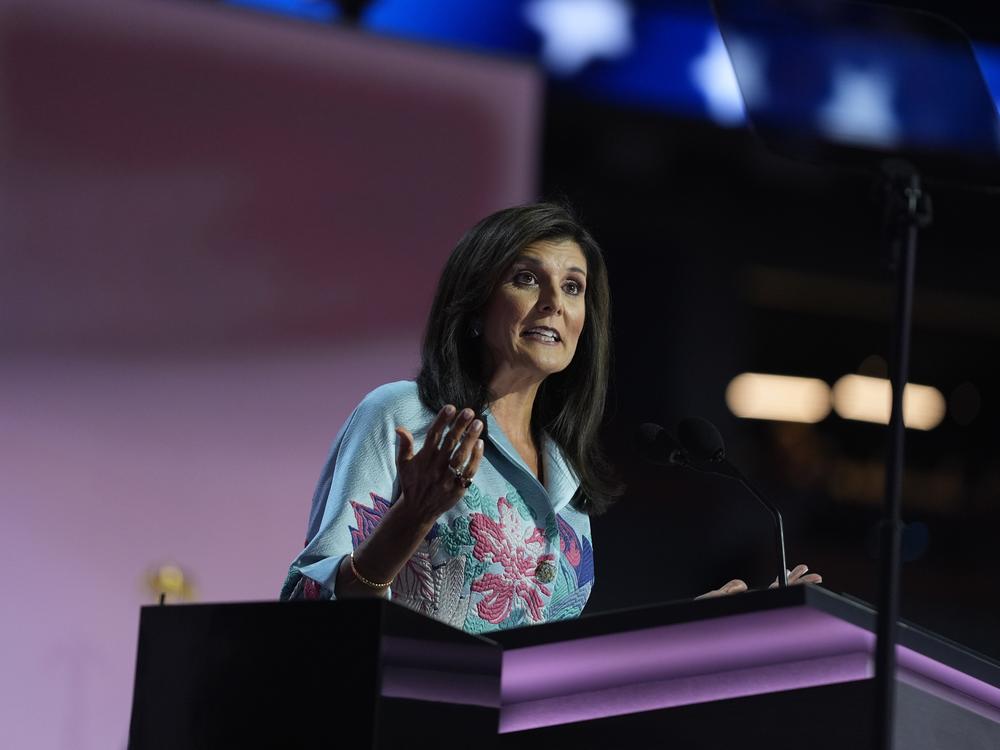Former U.N. Ambassador Nikki Haley speaks during the second day of the Republican National Convention, July 16, in Milwaukee. Haley strongly endorsed Trump in her speech.