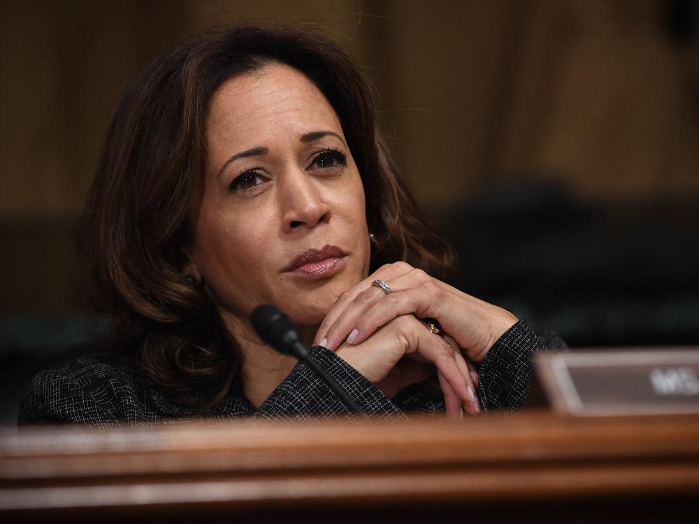 Sen. Kamala Harris, D-CA, listens to Christine Blasey Ford, the woman accusing Supreme Court nominee Brett Kavanaugh of sexually assaulting her at a party 36 years ago, testifying before the US Senate Judiciary Committee on Capitol Hill in Washington, DC, September 27, 2018.
