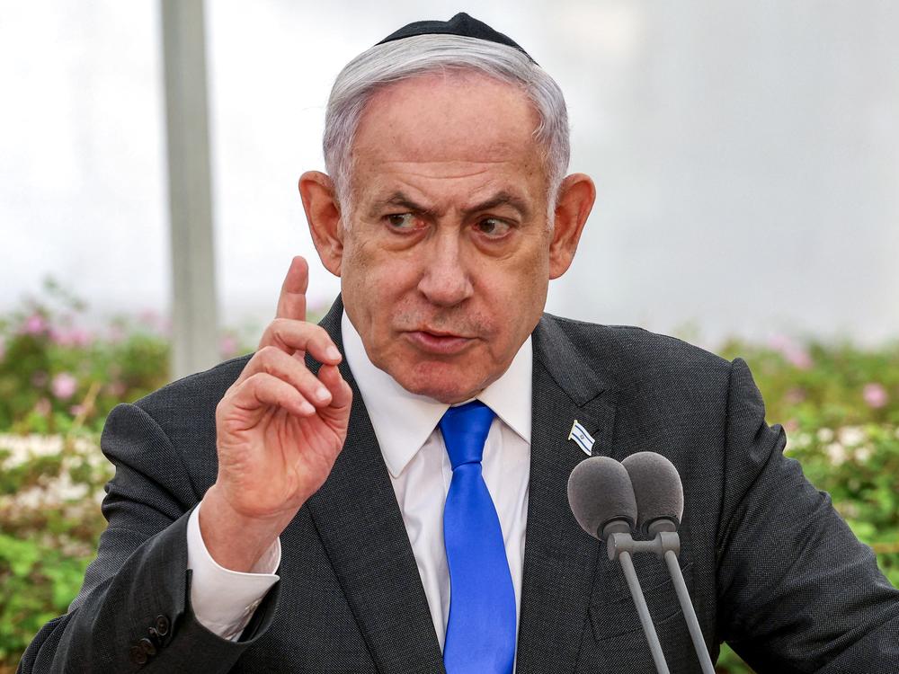 Israeli Prime Minister Benjamin Netanyahu speaks during a state memorial ceremony for the victims of the 1948 Altalena affair, at Nachalat Yitzhak cemetery in Tel Aviv on June 18.