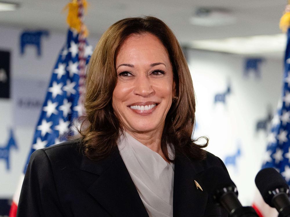 Vice President and Democratic presidential candidate Kamala Harris speaks at her campaign headquarters in Wilmington, Delaware, on Monday.