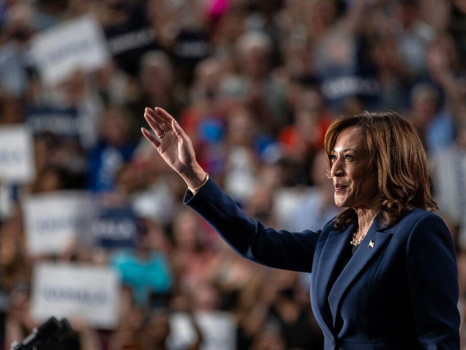 Democratic presidential candidate and Vice President Harris speaks to supporters during a campaign rally at West Allis Central High School on Tuesday in West Allis, Wis.