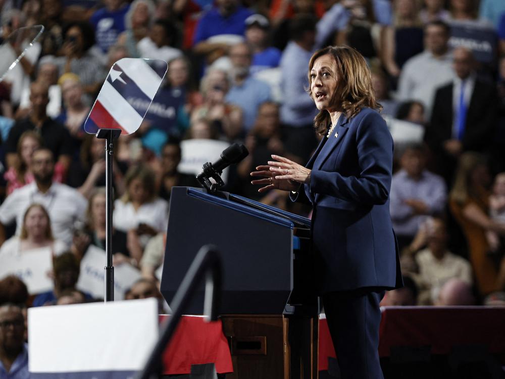 US Vice President and Democratic Presidential candidate Kamala Harris speaks at West Allis Central High School during her first campaign rally in Milwaukee, Wisconsin, on July 23, 2024.