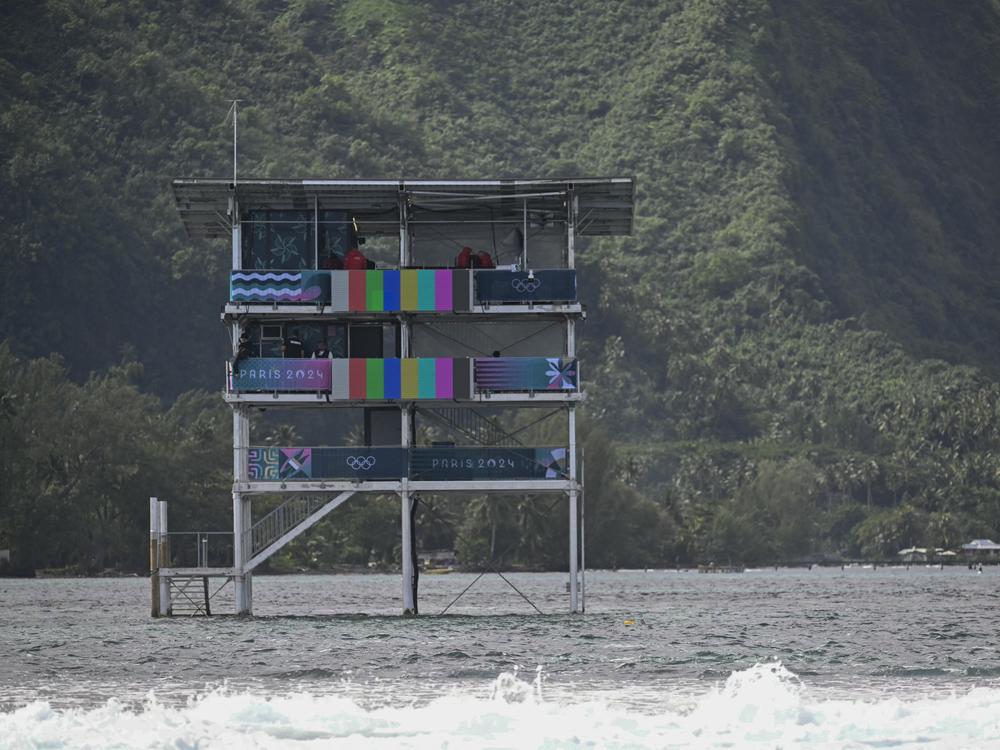 The metal judges' tower pictured during a surfing training session in Teahupo'o on Friday.