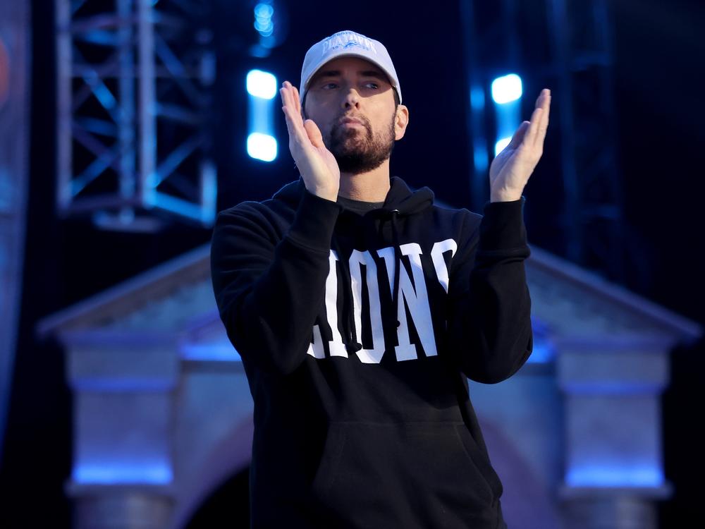 Eminem on stage during the 2024 NFL Draft in April in Detroit, Mich.