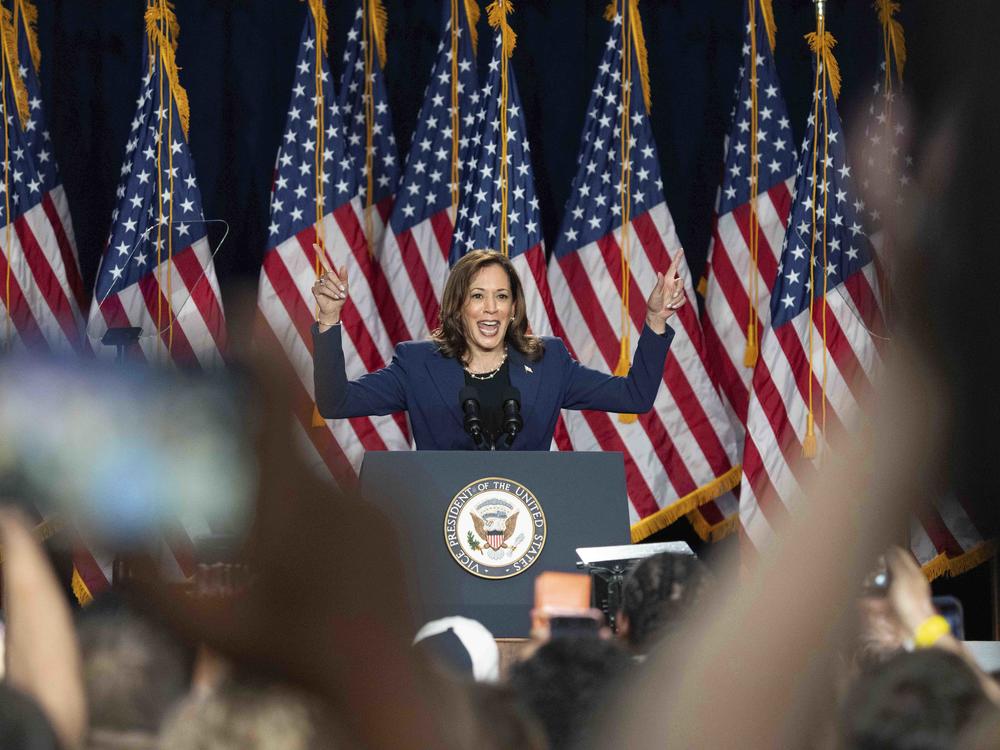 Vice President Kamala Harris campaigns for President as the presumptive Democratic candidate during an event at West Allis Central High School, Tuesday in Wisconsin.