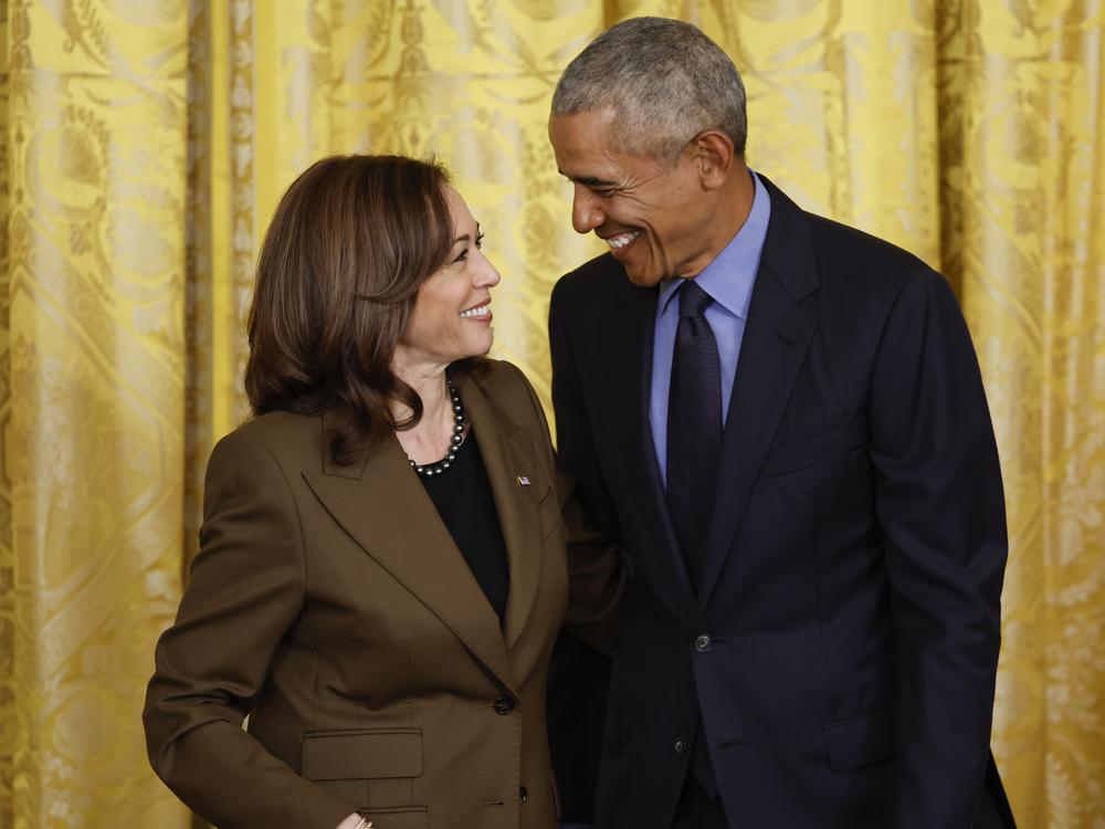 Vice President Harris and former President Barack Obama attend a White House event marking the anniversary of the Affordable Care Act on April 5, 2022.