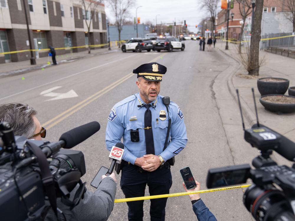  Minneapolis Police Chief Brian O'Hara speaks to the press after a multi-person shooting in the city on Feb. 27. O'Hara says the police department is staffed 40% below what it was in 2020.