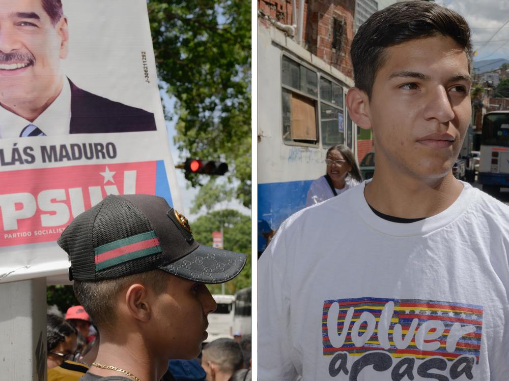 People attend the closing campaign in Caracas of President Nicolás Maduro, where stages were set up all over the city, and people were bussed in from various states of the country on Thursday; Isaac Pavique, 22, poses for a portrait during a community opposition rally in the La Vega neighborhood of Caracas on Wednesday. While many people his age have left the country, Pavique hopes he can stay and fight for a better future. His shirt reads “Return home,” referencing a talking point of María Corina Machado,…