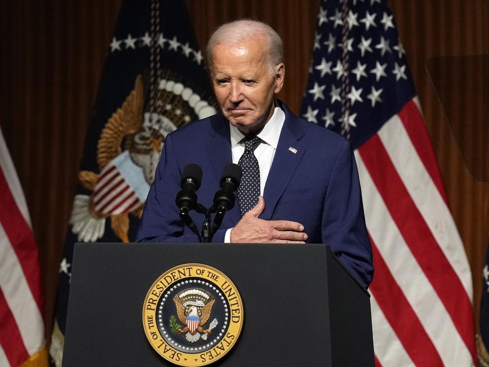  President Joe Biden speaks at an event commemorating the 60th Anniversary of the Civil Rights Act, Monday, July 29, 2024, at the LBJ Presidential Library in Austin, Texas. 