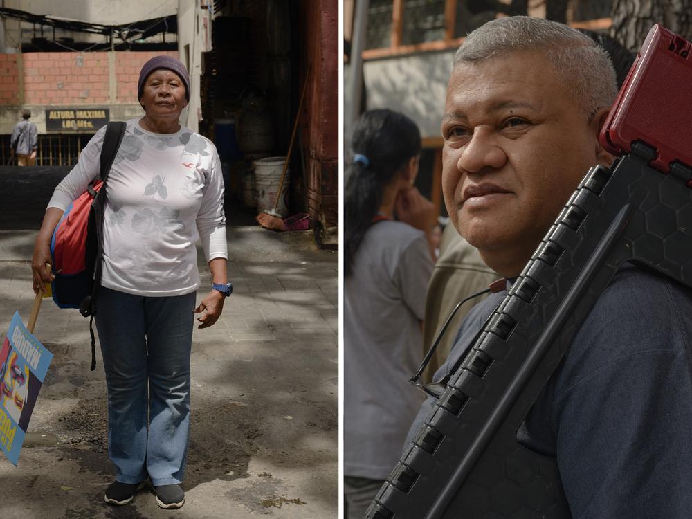 Maryelis Bolivar de Flores, 65, attends the closing campaign of President Nicolás Maduro; Orlando Pineda holds his stool outside the Andrés Bello school in Caracas on Sunday. He has already voted and is waiting for his wife. “This has to change,” he said.