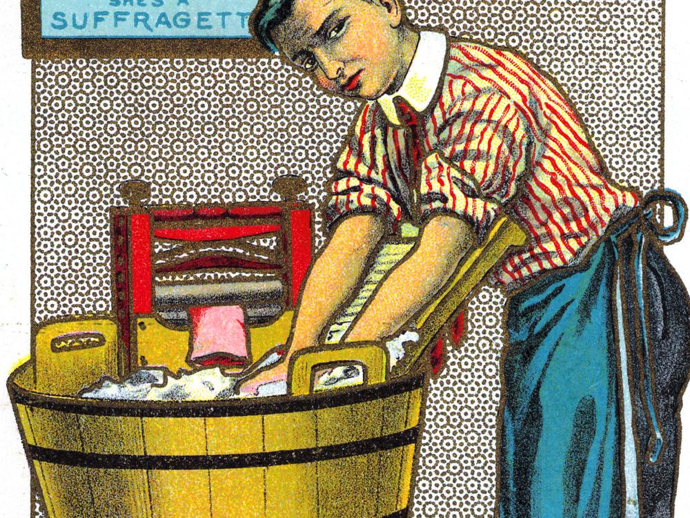 An English suffrage movement postcard from 1909 shows a man doing domestic chores, including watching a child and cat, while complaining he doesn't get a vote.