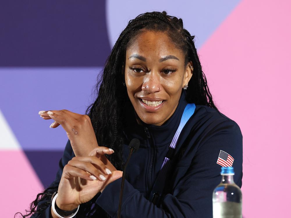 A'ja Wilson speaks during a Team USA Women's Basketball press conference at the Paris Olympics 2024 Main Press Center on Saturday.