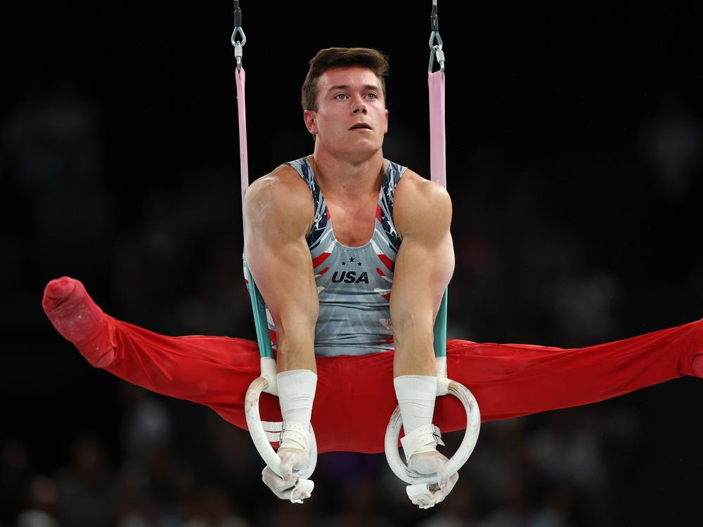 American Brody Malone competes on the rings at Bercy Arena on Monday during the men's gymnastics team final at the Paris Summer Olympics.