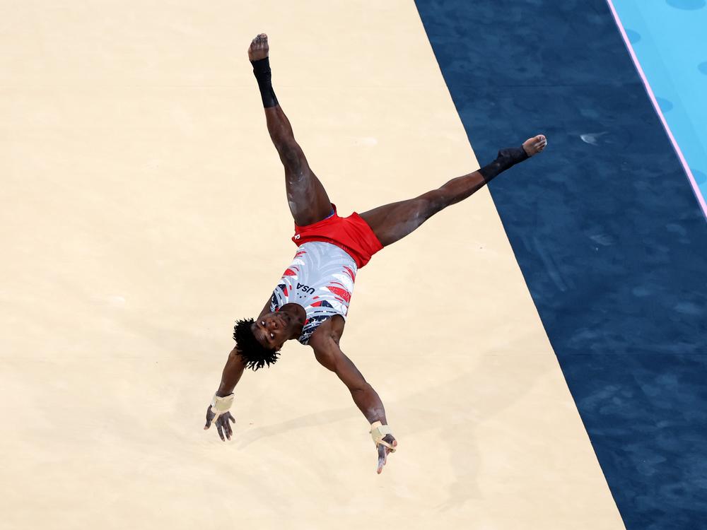 Frederick Richard of the USA competes in the floor exercise during the Gymnastics Men's Team Final on Monday at the Paris Summer Olympics. 