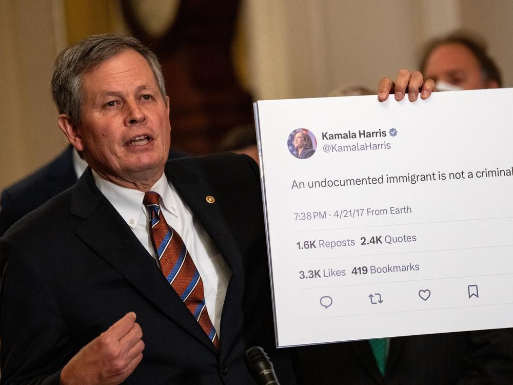 Sen. Steve Daines, R-Mont., holds up a tweet by Vice President Harris at a news conference at the Capitol on July 30, 2024.