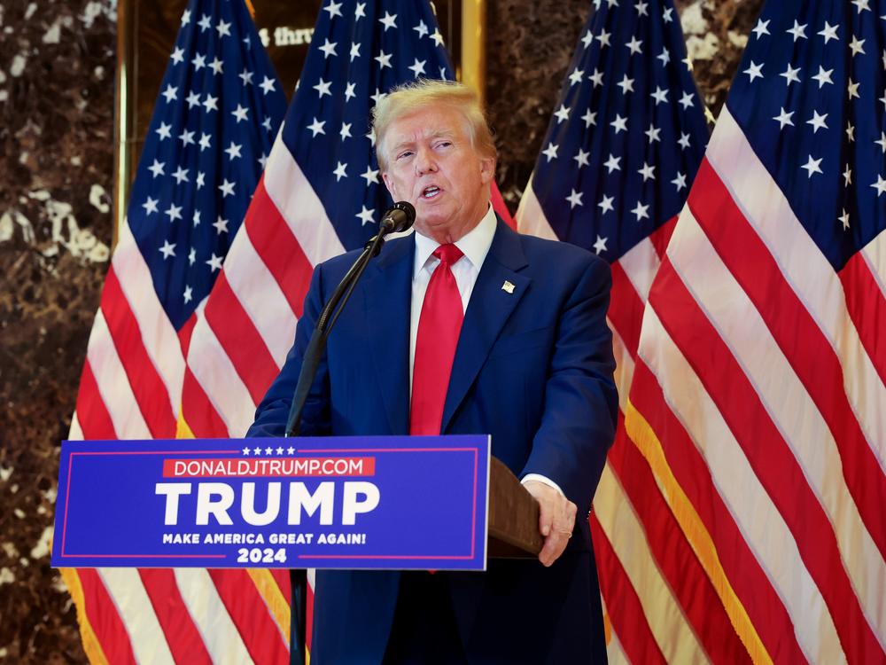 Former President Donald Trump will address Black journalists at this year's NABJ convention in Chicago. Here, Trump is seen holding a press conference on May 31 following the verdict in his hush-money trial in New York City.