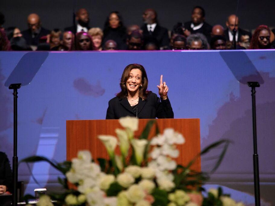 Vice President Harris, the likely Democratic presidential nominee, delivers the eulogy for Rep. Sheila Jackson Lee at Fallbrook Church in Houston on Thursday. 