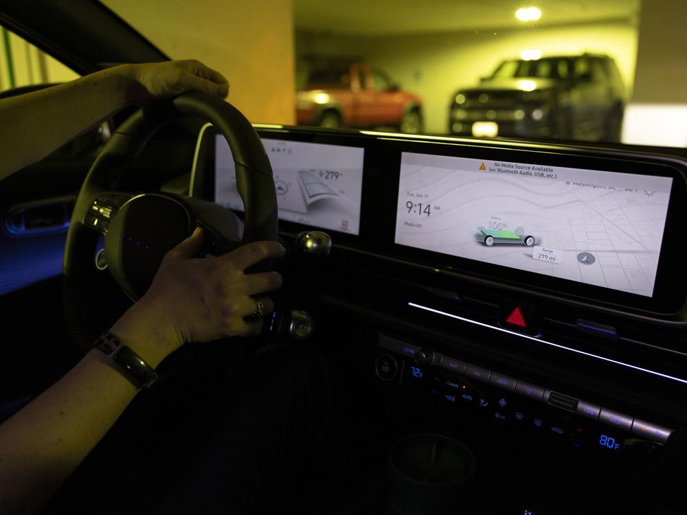 The electric battery range is displayed on a Hyundai Ioniq's dashboard at NPR headquarters in Washington, D.C., the starting point for this trip. 