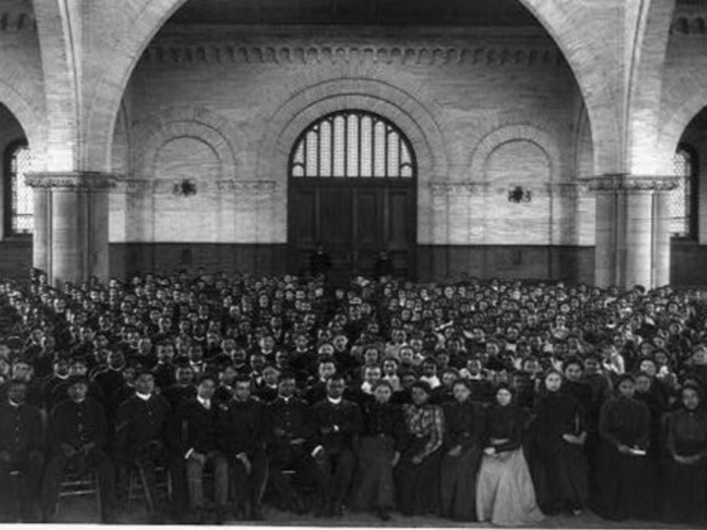 Students gathered for an assembly at Hampton Institute in Hampton, Va., about 1900.