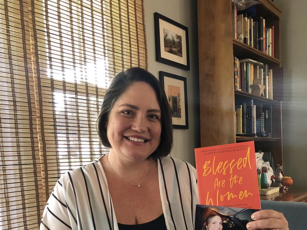 Claire McKeever-Burgett poses with a photo of herself when she was 19. She signed the purity pledge at her church but remembers feeling unsettled by it.