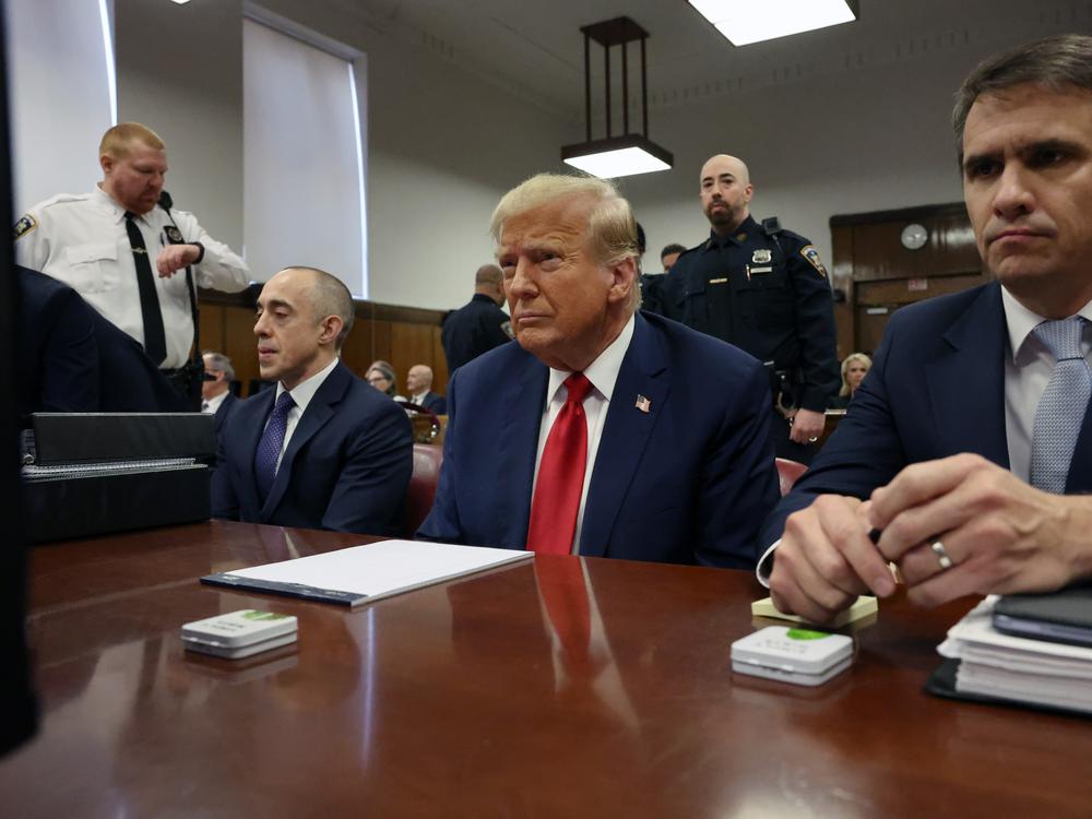 An appeals court denied a request from former President Donald Trump, seen here in court in April, to lift the gag order limiting his ability to speak about prosecutors in his New York hush money case.