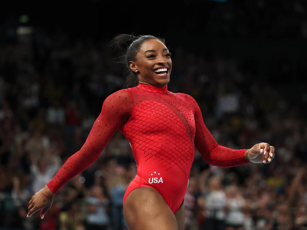 Simone Biles after finishing her vaults during the the Olympic gymnastics women's vault final on Saturday.