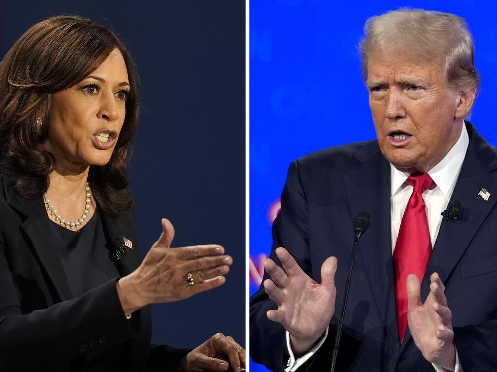 Then-Democratic vice presidential candidate Kamala Harris (left) speaks during a debate Oct. 7, 2020, in Salt Lake City, and former President Donald Trump speaks during a debate June 27 in Atlanta. Trump said Friday that he's pulling out of a scheduled debate with his likely Democratic opponent, Vice President Harris, and instead has agreed to a date earlier in September on Fox News Channel.