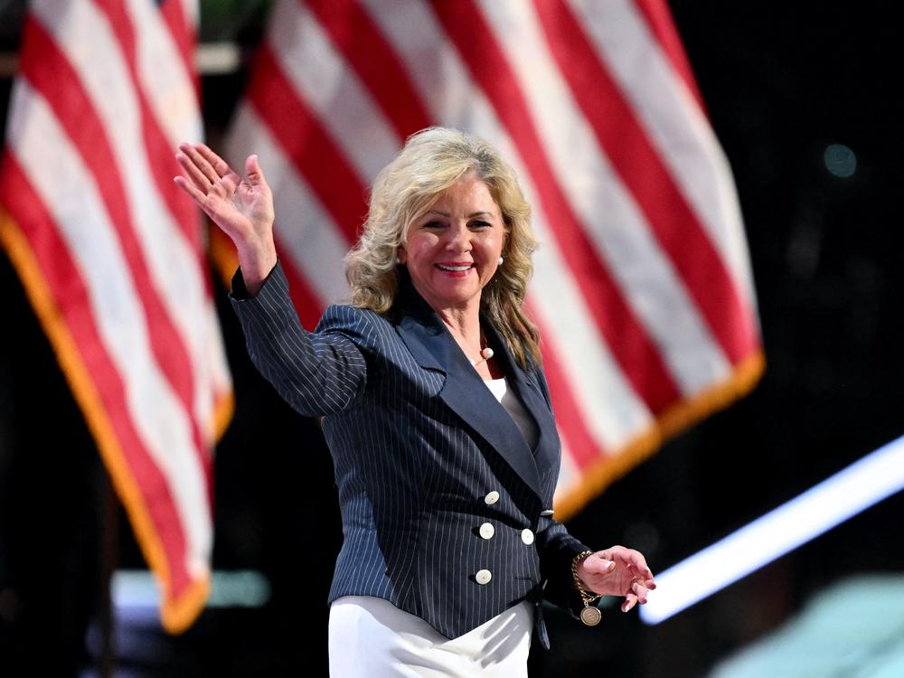 U.S. Sen. Marsha Blackburn arrives to speak during the first day of the 2024 Republican National Convention at the Fiserv Forum in Milwaukee, Wis., July 15, 2024. 