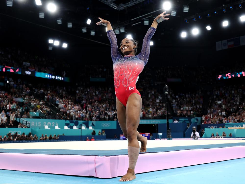 American Simone Biles celebrates at the end of her floor exercise individual event final on Monday at the Paris Olympics. Biles finished in second to win a silver medal and her fourth overall medal of the Games. Her teammate, Jordan Chiles, took the bronze.